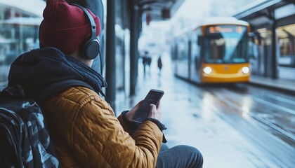 Young Man Sits At A Bus Station In Winter Or Autumn, Wearing Headphones And Holding A Smartphone, With A Backpack Beside Him. Ideal For Student Or Tourist.