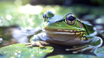 Obraz premium Green Frog Sitting on Lily Pad in Pond with Bokeh Background