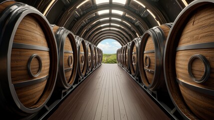 Whiskey aging process in space chaos distillery gigapixel quality unique setting dim lighting