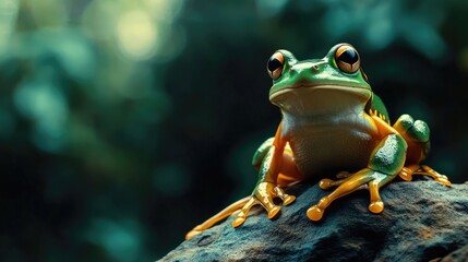 Naklejka premium Green Tree Frog Sitting on a Rock with Blurred Foliage Background