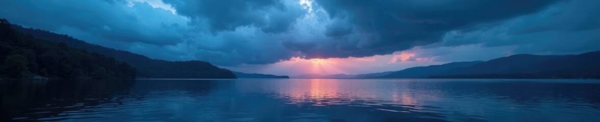 Fototapeta premium Clouds gather above a tranquil lake on a stormy night, sky, atmosphere, lake