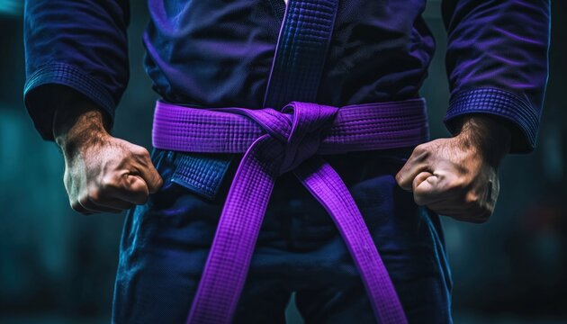 A Glimpse Into The World Of Brazilian Jiu Jitsu: Bjj Fighter Wearing A Gi Kimono And Proudly Holding Purple Belt.