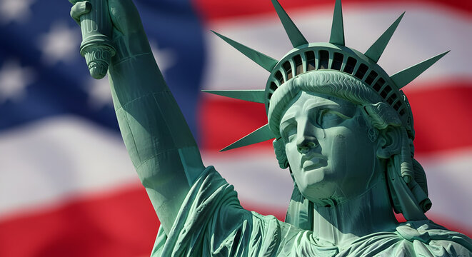 Close Up Statue of Liberty with Blurred American Flag Backdrop in Sunlight