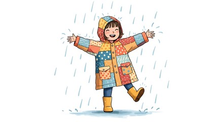 Happy Child Playing in Rain Wearing Colorful Raincoat and Boots