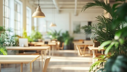 Bright And Airy Scandinavian Coworking Space With Light Wood Desks, Modern Furniture, And Lush Greenery For A Vibrant Work Environment With Blurred Effect.