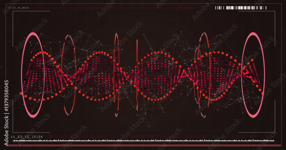 Poster digital dna strand visualization with red geometric patterns on dark background
