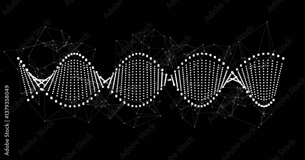 Poster abstract digital dna helix with connecting nodes and lines on black background