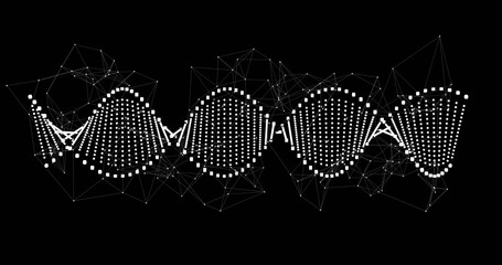 Abstract digital DNA helix with connecting nodes and lines on black background