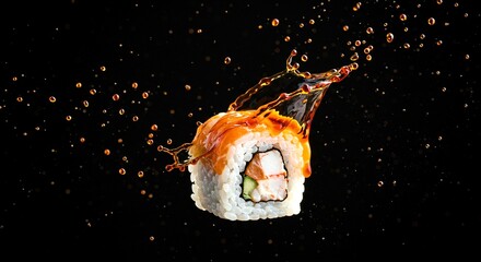 A single sushi roll with a dynamic splash of soy sauce in mid-air, captured in high-speed photography style. Drops and splashes freeze in time, creating a dramatic visual