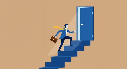 Businessman Climbing Stairs Towards Opportunity Door to Success and Achievement
