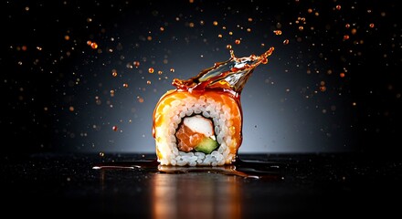 A single sushi roll with a dynamic splash of soy sauce in mid-air, captured in high-speed photography style. Drops and splashes freeze in time, creating a dramatic visual