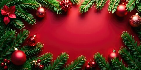 Evergreen pine tree ornaments scattered around a festive red holly background, festive atmosphere, merry christmas