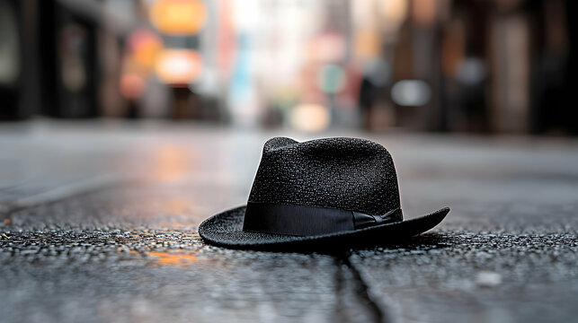 Fototapeta Black Fedora Hat on a Wet City Street at Night