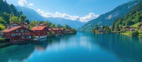 Fototapeta premium Swiss village lake houses, mountain backdrop, travel poster