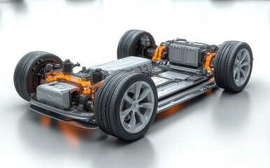 Futuristic Electric Vehicle Chassis with Detailed Battery Pack and Motor Components 3D Rendering