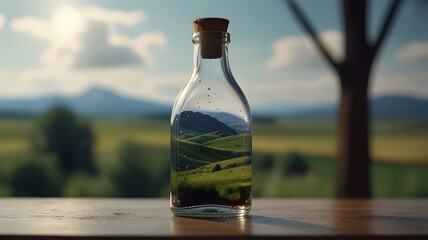 Looking through a glass bottle at a blurred and distorted landscape beyond