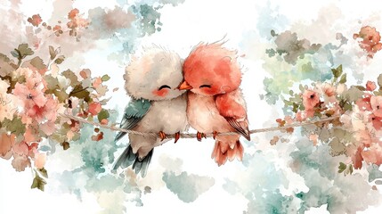 Two adorable birds nestled together in a delicate watercolor floral scene conveying a sense of peaceful harmony