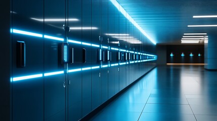 Obraz premium A Futuristic Blue Lit Locker System in a Modern Interior Design Concept