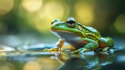 Naklejka premium Green Tree Frog Sitting in Water with Bokeh Background Close Up