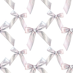 Watercolor seamless pattern with silver satin ribbon bow on white background. Art for decorative gift or your design. Hand-drawn element for florist wallpaper or wrapping. Wedding celebration