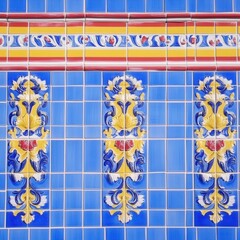 Decorative Tile Wall Detailed blue tiles, yellow accents, red highlight, outdoor setting tile pattern