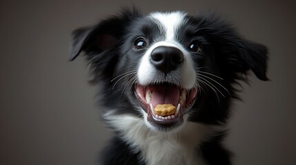 Fototapeta premium A joyful close-up of a Border Collie with black and white fur, smiling with eyes closed, holding a treat in its mouth.