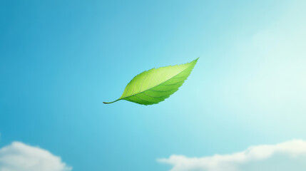 One green leaf floating in the blue sky, with a water drop on it. The background provides ample copy space