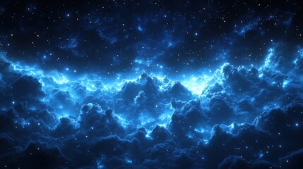 Glowing blue cosmic clouds float among starry night sky