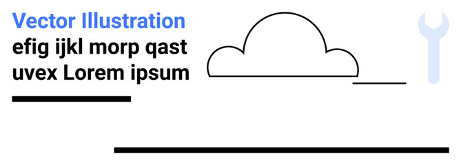 Simplistic cloud shape with a wrench icon, text elements, and horizontal lines. Ideal for technology, cloud computing, development, tools, maintenance, simplicity minimal landing page