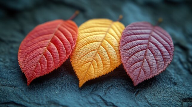 A cozy fall design featuring multicolored leaves in warm shades of orange, burgundy, and pale green lying on a slate texture in muted olive hues