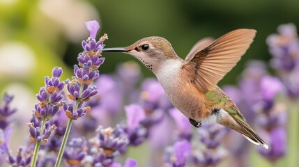 Fototapeta premium Hummingbird feeding on lavender in garden