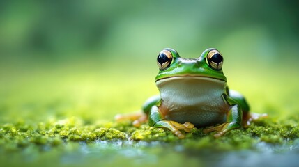Obraz premium Green Tree Frog Sitting on Mossy Surface with Soft Background