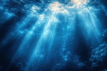 Obraz premium Ethereal Underwater Blue Abstract Background with Sunbeams and Soft Gradients