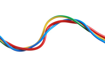 Many colorful electrical wires on white background