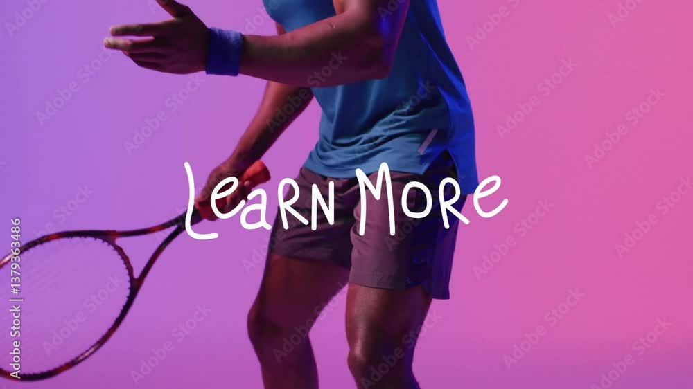 Poster holding racket, tennis player with learn more text on colorful animation background