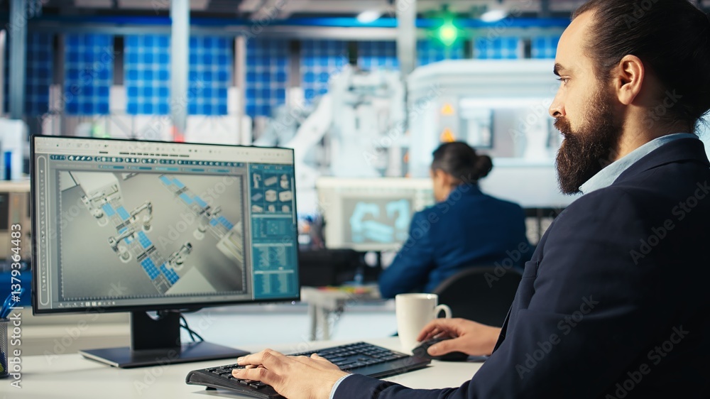 Poster photovoltaics factory engineer adjusting system parameters on pc to maximize solar cells power gener