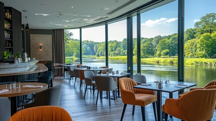 Riverfront Restaurant Interior, Dining, Sunny Day