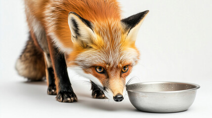 Obraz premium Red fox drinking water from a metal bowl on white background, close-up