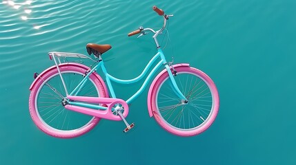 Fototapeta premium A colorful bicycle floats gently atop calm turquoise water