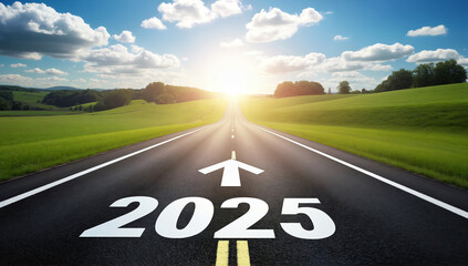 Highway Landscape Leading Towards the Sunset with 2025 Marked on the Road