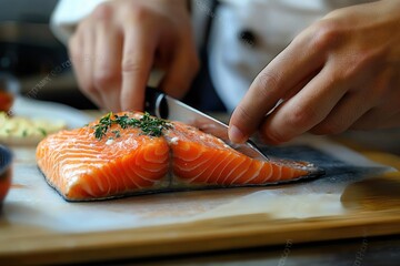 Chef Preparing Fresh Salmon Fillet on Cutting Board with Stainless Steel Tweezers in Warm Kitchen