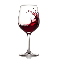  A sleek, transparent wine glass with deep red wine swirling inside, symbolizing sophistication and fine dining, realistic detail on white background.

