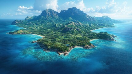 Obraz premium Aerial view of lush green island surrounded by turquoise sea with rugged mountains in clear sky summer landscape