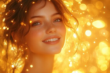 Fototapeta premium Glowing woman smiles amid sparkling golden bokeh light background