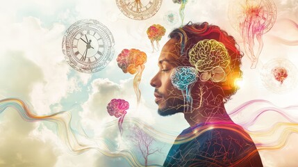 Serene person meditating with floating brains, clocks, and flowing lines symbolizing thoughts and time