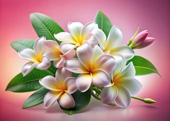 Fototapeta premium Long Exposure Plumeria Flowers, Pink Background, White Flowers, Green Leaves, Floral Photography, Exotic Bloom, Nature Image, Beautiful Flowers, High Resolution, Stock Photo