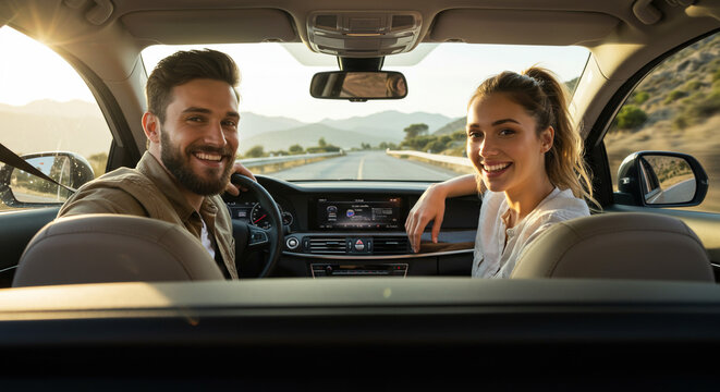 A happy couple embarking on a scenic road trip, enjoying the golden sunlight and open road ahead, inside their comfortable car.