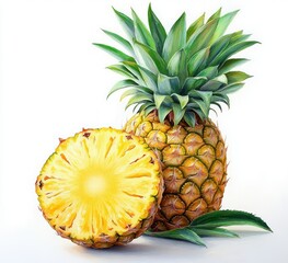 Hyper-realistic sliced pineapple on white background with whole fruit slices and leaves