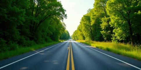 Fototapeta premium Wide empty asphalt road with trees on the side, greenery, trees, peacefulness
