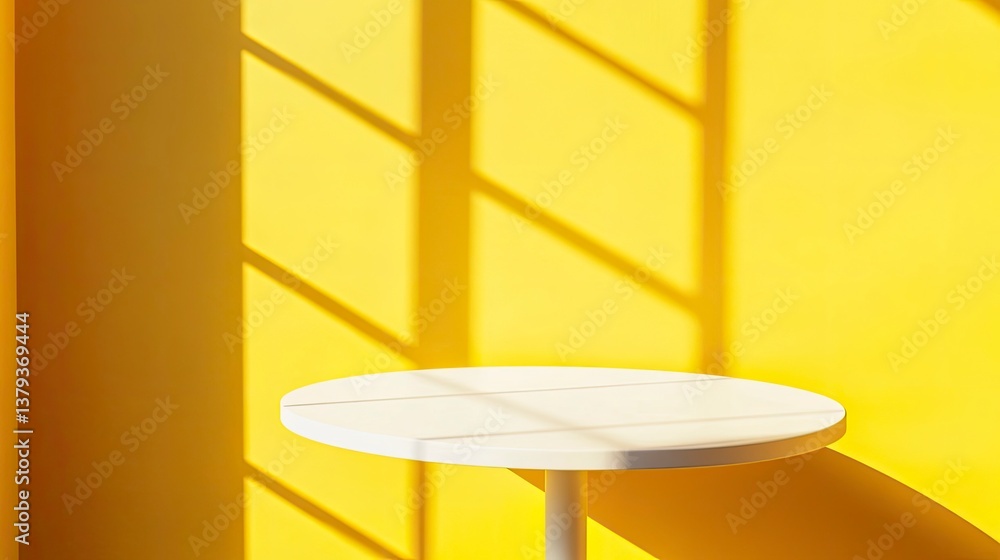 Poster minimal round table on yellow background with window shadow